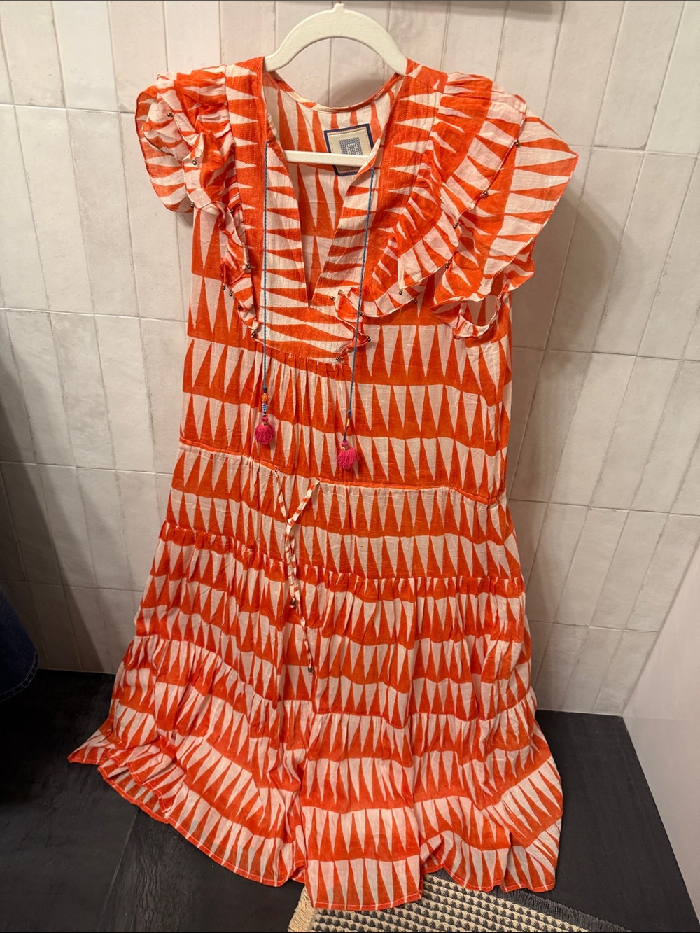 HUNTER BELL Orange & White Geometric Ruffle Midi Dress